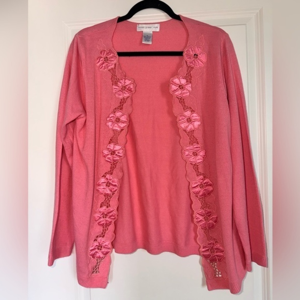 Susan Graver Women’s Pink Floral Lace Cardigan